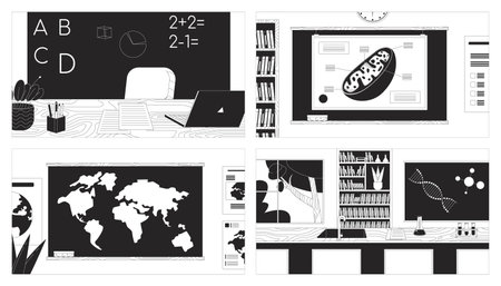 School classrooms for different courses black and white line illustration set. Classes of natural sciences 2D interior monochrome backgrounds. Learning scenes vector storytelling images collectionのイラスト素材