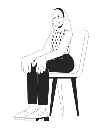 Angry woman sitting on chair black and white 2D line cartoon character. Displeased female on seat isolated vector outline person. Negative emotions expression monochromatic flat spot illustrationのイラスト素材