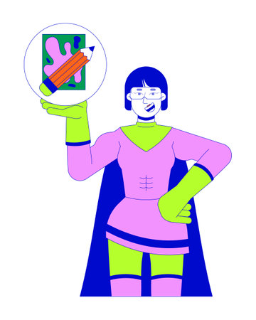 Superhero asian woman showing artists supplies 2D linear cartoon character. Korean female recommending drawing isolated line vector person white background. Lifestyle color flat spot illustrationのイラスト素材
