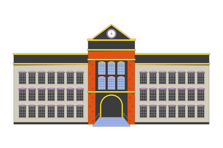 School exterior 2D cartoon object. Academy entrance. Highschool building facade schoolhouse isolated flat vector element white background. College campus architecture color spot illustrationのイラスト素材