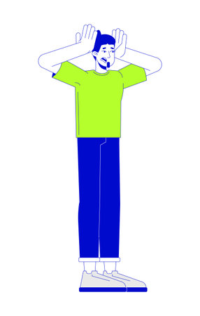 Stressed european man squeezing head 2D linear cartoon character. Caucasian male with panic attack isolated line vector person white background. Fear expression color flat spot illustrationのイラスト素材
