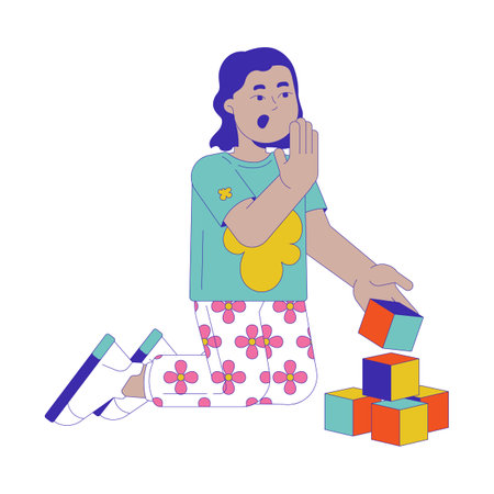 Emotional little boy playing with blocks 2D cartoon character. Surprised latin american toddler child isolated flat vector person white background. Nursery care service color spot illustrationのイラスト素材