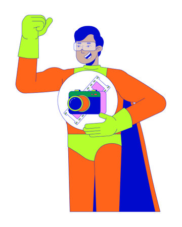 Strong hindu man hero holding camera 2D linear cartoon character. Indian male superhero sharing power of photography isolated line vector person white background. Art color flat spot illustrationのイラスト素材
