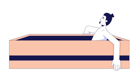 Bathtub man relaxing 2D cartoon character. Bearded caucasian guy taking bath isolated flat vector person white background. Bathroom relaxation. Body care. Evening spa procedure color spot illustrationのイラスト素材