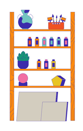 Wooden shelves painting tools 2D cartoon object. Shelving unit with bottles paintbrushes. Paints brushes canvas art supplies isolated element flat vector clipart on white background. Spot illustrationのイラスト素材