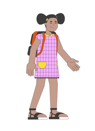 Smiling black schoolgirl back to school 2D cartoon character. African american pupil girl isolated flat vector person white background. Schoolchild elementary school color spot illustrationのイラスト素材