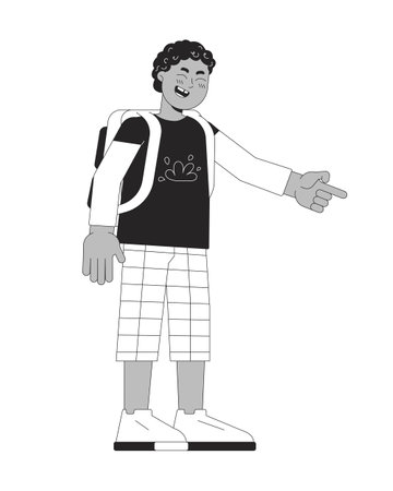 African american schoolboy pointing finger black and white 2D line cartoon character. Black boy with backpack mocking isolated vector outline person. Bully kid laughing monochromatic spot illustrationのイラスト素材