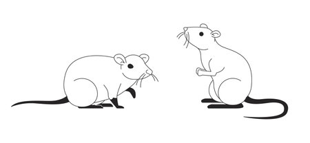 Couple of cute domesticated rats black and white 2D line characters. Adorable small animals asking for food. Funny rodent pets isolated vector outline personages. Monochromatic spot illustrationのイラスト素材