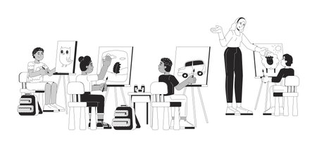 Preteen school art class kids teacher black and white 2D line characters. Diverse artists schoolchildren painting canvas easel isolated vector outline people. Monochromatic spot illustrationのイラスト素材