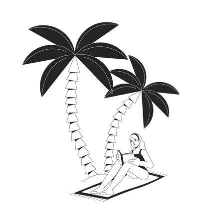 Woman reading book under palm trees black and white 2D line character. Summer vacation. Caucasian female resting on exotic beach isolated vector outline person. Monochromatic spot illustrationのイラスト素材