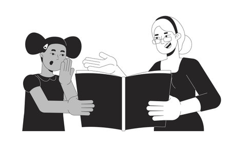 Teacher with little girl reading book black and white 2D line cartoon characters. Tutor showing textbook to student isolated vector outline people. Primary school monochromatic flat spot illustrationのイラスト素材