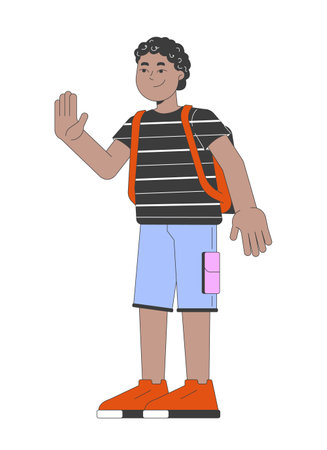 African american schoolboy greeting waving 2D cartoon character. Schoolkid black boy with backpack isolated flat vector person white background. Back to school color spot illustrationのイラスト素材