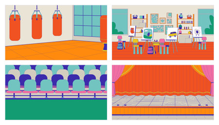 Empty school rooms cartoon flat illustrations set. Art studio, martial arts gym 2D interiors colorful backgrounds. Stadium bleachers, theater stage scenes vector storytelling images collectionのイラスト素材