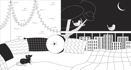 Cozy apartment balcony at night outline 2D cartoon background. Couch pillows, string of lights linear aesthetic vector illustration. Hygge terrace flat wallpaper art, monochromatic lofi imageのイラスト素材