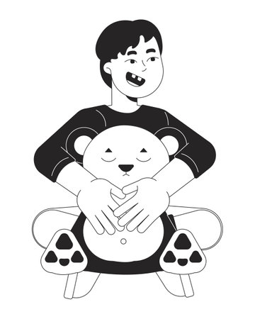 Joyful asian boy holding teddy bear black and white 2D line cartoon character. Happy child with stuffed toy isolated vector outline person. Little kid playing monochromatic flat spot illustrationのイラスト素材