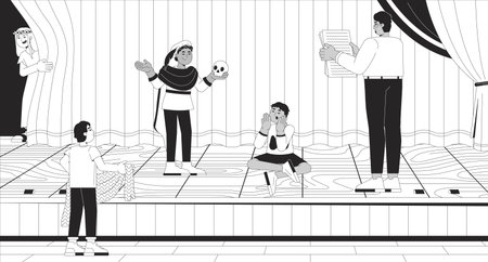 Theater kids rehearsal Hamlet performance black and white line illustration. Young actors on stage theater 2D characters monochrome background. Extracurricular drama club outline vector imageのイラスト素材