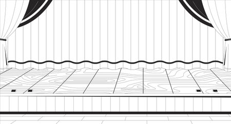 High school theater stage black and white line illustration. Curtains concert hall 2D interior monochrome backdrop. Theatrical empty. Performing arts entertainment. Highschool theater outline vectorのイラスト素材