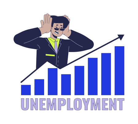 High unemployment rate 2D linear illustration concept. Scared latin american man with diagram cartoon character isolated on white. Job market failure metaphor abstract flat vector outline graphicのイラスト素材