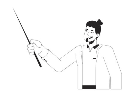 Caucasian man teacher holding pointer black and white 2D line cartoon character. Positive European tutor at lesson isolated vector outline person. School personnel monochromatic flat spot illustrationのイラスト素材
