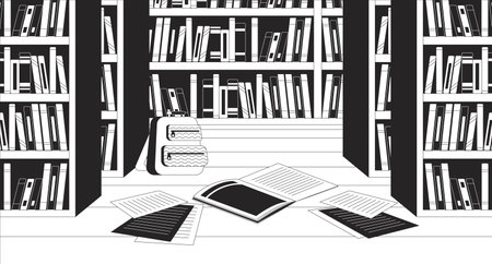 Books shelves library empty black and white line illustration. Rucksack notebooks scattered on floor 2D interior monochrome backdrop. Schoolbag homework papers bookshop bookstore outline vectorのイラスト素材
