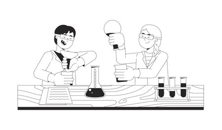 Positive students working in chemical lab black and white 2D line cartoon characters. Boy and girl studying chemistry isolated vector outline people. Education monochromatic flat spot illustrationのイラスト素材