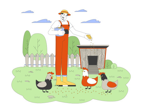 Asian man feeding chickens cartoon flat illustration. Cheerful japanese male farmer taking care of farm birds 2D character isolated on white background. Agriculture scene vector color imageのイラスト素材