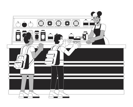 Lunch lady canteen snack bar with hungry kids black and white 2D line characters. Black woman cafeteria worker giving food tray to kid isolated vector outline people. Monochromatic spot illustrationのイラスト素材