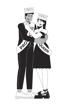 Prom queen king high school dance black and white 2D line characters. Crowns on heads. Interracial couple prom highschool adolescents isolated vector outline people. Monochromatic spot illustrationのイラスト素材