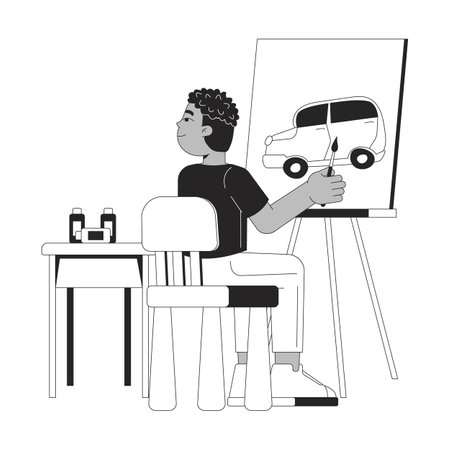 Preteen boy canvas painting car black and white 2D line character. Easy art school. Drawing vehicle. African american artist schoolboy isolated vector outline person. Monochromatic spot illustrationのイラスト素材