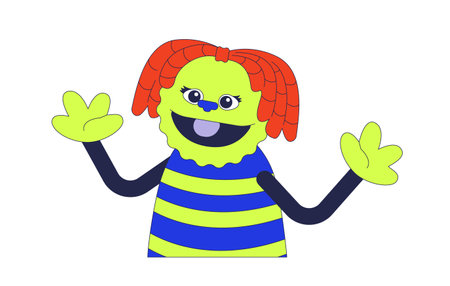 Hand puppet anthropomorphic girl 2D cartoon character. Theater doll isolated personage flat vector on white background. Marionette toy cheerful smiling. Childhood. Spot illustration colorfulのイラスト素材