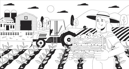 Caucasian woman working at farm black and white line illustration. European female farmer in field 2D character monochrome background. Agricultural business development outline scene vector imageのイラスト素材