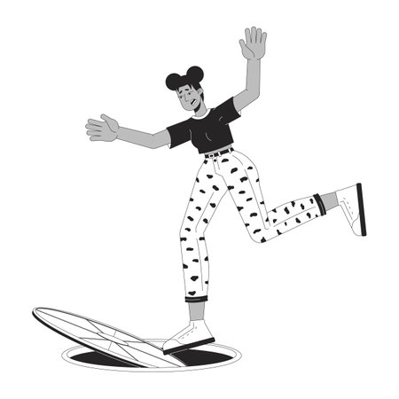 Black woman falling in sewer hole black and white 2D line cartoon character. Unhappy african american female and manhole isolated vector outline person. Accident monochromatic flat spot illustrationのイラスト素材