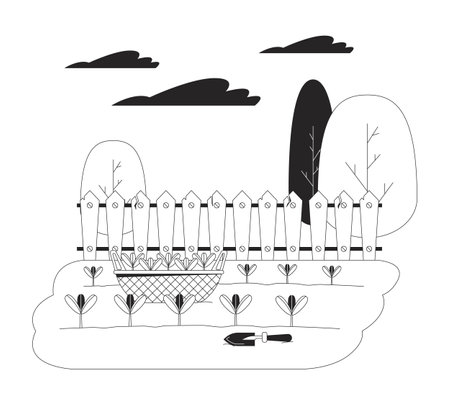 Seedlings basket and shovel in kitchen garden black and white flat line illustration. Growing plants for food manufacturing 2D lineart scene isolated. Farm life monochrome vector outline imageのイラスト素材