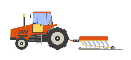 Tractor working in field 2D cartoon object. Powerful agricultural machine plowing soil isolated flat vector element white background. Machinery usage at farm industry color spot illustrationのイラスト素材