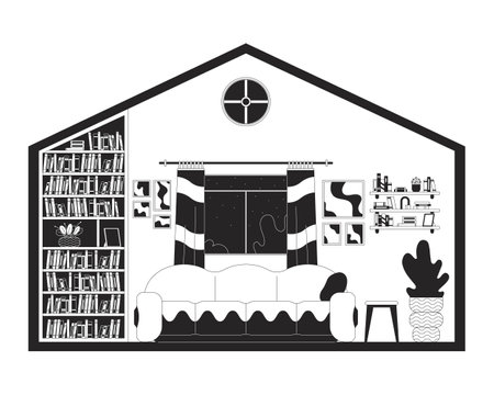 Empty living room of residential house black and white 2D line cartoon object. Comfortable apartment interior isolated vector outline item. Lo fi domestic life monochromatic flat spot illustrationのイラスト素材