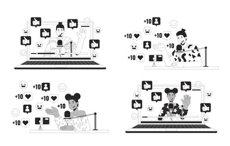Influencer content creator black and white 2D illustration concept set. Diverse vloggers cartoon outline characters isolated on white. Social media popularity metaphor monochrome vector art collectionのイラスト素材