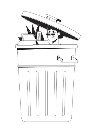 Sad discharged Asian woman in waste container black and white 2D line character. Female feeling useless after firing from job isolated vector outline person. Monochromatic spot illustrationのイラスト素材