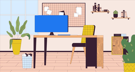 Office workplace with computer cartoon flat illustration. PC on desk of corporate employee 2D line interior colorful background. Cozy workspace organization scene vector storytelling imageのイラスト素材