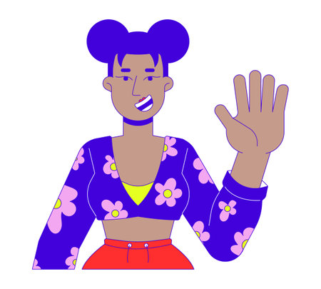 Stylish black woman waving hand 2D linear cartoon character. Cheerful african american young adult...