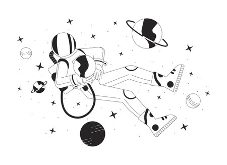 Astronaut in outer space black and white 2D illustration concept. Person wearing protective costume in cosmos cartoon outline character isolated on white. Lo fi theme scene vector color imageのイラスト素材