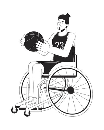 Disabled caucasian man playing basketball black and white 2D line cartoon character. European sportsman in wheelchair isolated vector outline person. Inclusion monochromatic flat spot illustrationのイラスト素材