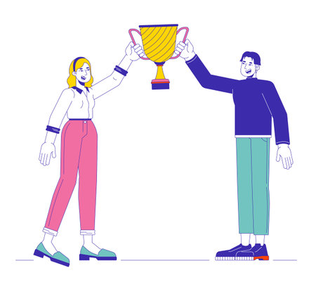 Achievement cartoon flat illustration. Winners reward. Multiethnic colleagues raising up champion bowl 2D lineart characters isolated on white background. Success celebration scene vector color imageのイラスト素材
