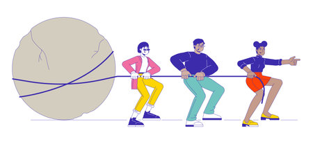 Inspiring leader 2D linear illustration concept. Black female with diverse team pulling rock cartoon characters isolated on white. Working together metaphor abstract flat vector outline graphicのイラスト素材