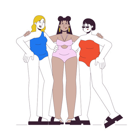 Multiracial curvy women best friends 2D linear cartoon characters. Happy obese females in swimsuits isolated line vector people white background. Body positive color flat spot illustrationのイラスト素材