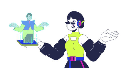 Futuristic woman talking to hologram man 2D cartoon characters. Techwear asian female phone. AR video chat friends diverse isolated people flat vector on white background. Spot illustration colorfulのイラスト素材