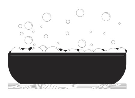 Bathtub with foamy water black and white 2D line cartoon object. Bath prepared for body washing and relaxation isolated vector outline item. Spa procedures monochromatic flat spot illustrationのイラスト素材