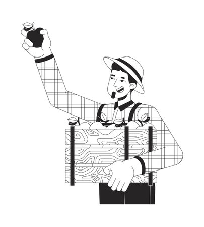 Smiling caucasian man picking apples 2D cartoon character. European male farmer with fruits crate isolated flat vector person white background. Garden harvest season color spot illustrationのイラスト素材