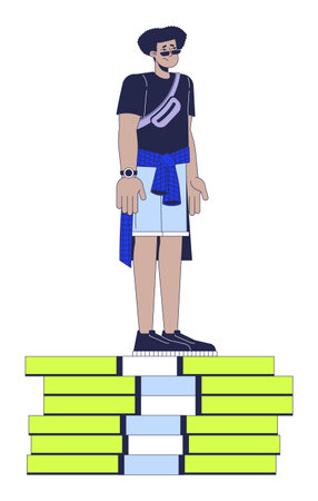 Unhappy latin american man on cash stack 2D linear cartoon character. Hispanic male with money lack isolated line vector person white background. Financial problems color flat spot illustrationのイラスト素材
