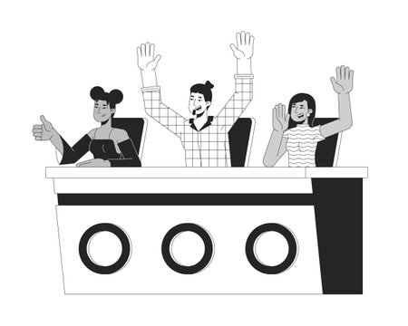 Talent show judges react excitedly at panel table black and white 2D line characters. Audition jury diverse adults isolated vector outline people. Contest moderators. Monochromatic spot illustrationのイラスト素材