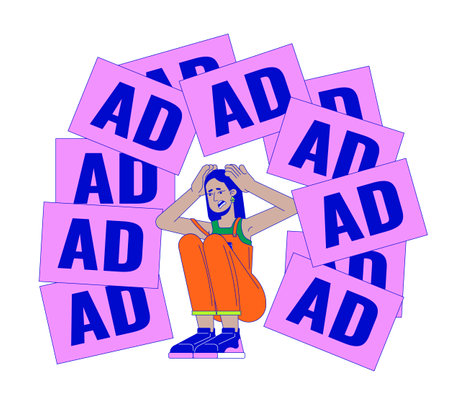 Arab woman threatened by annoying ads 2D linear illustration concept. Middle eastern female cartoon...